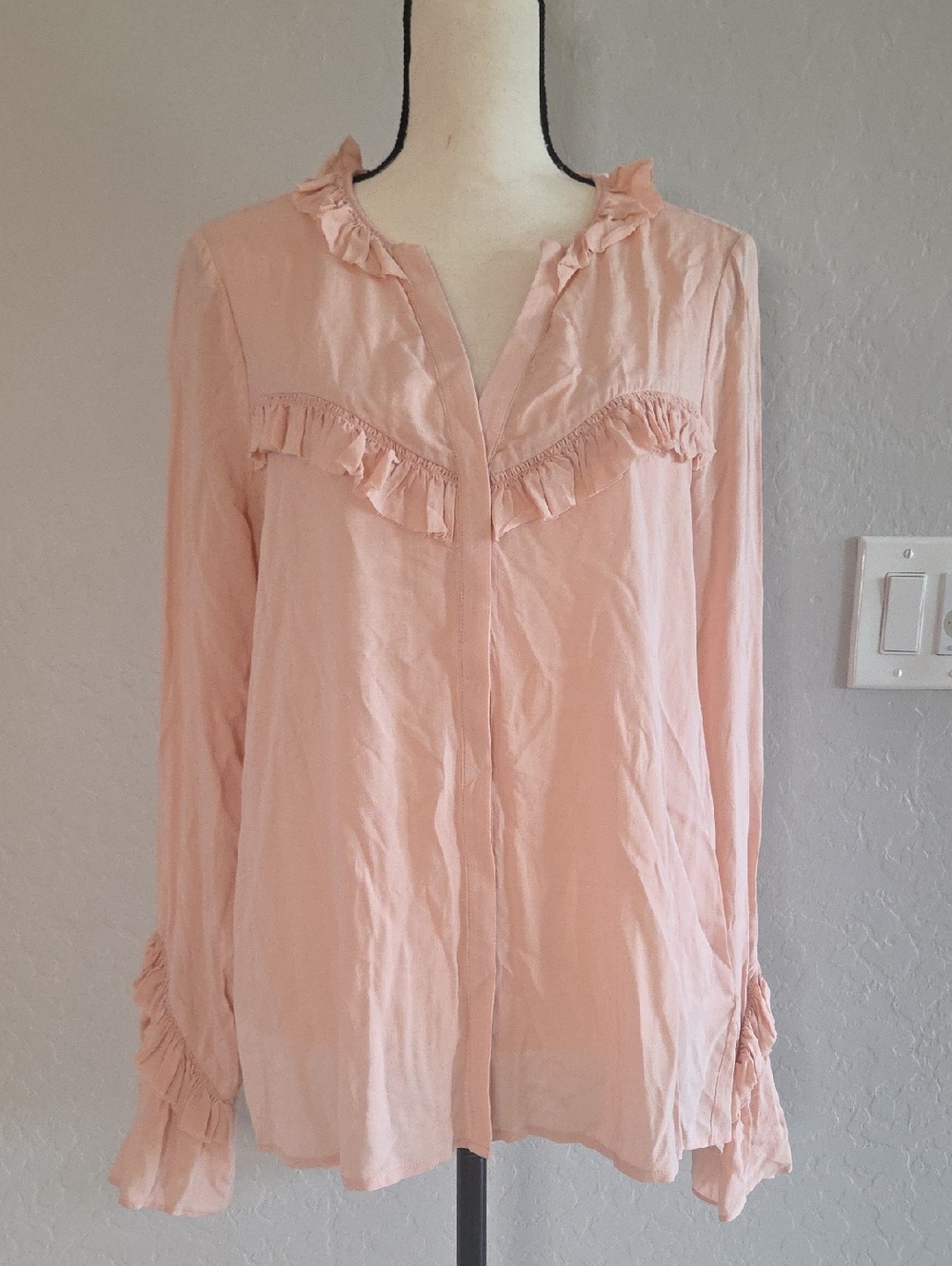 PAIGE Blush Pink Ruffle-Front Long Sleeve With Angled Ruffle Blouse Size Lg NWT